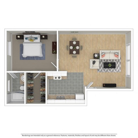 a furnished floor plan of a 1 bedroom apartment